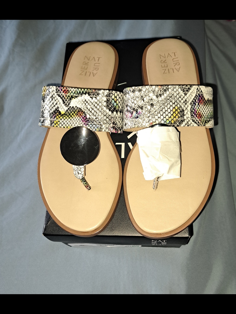 Naturalizer Women's Snake-Print T-Strap Sandals in Beige Sole.